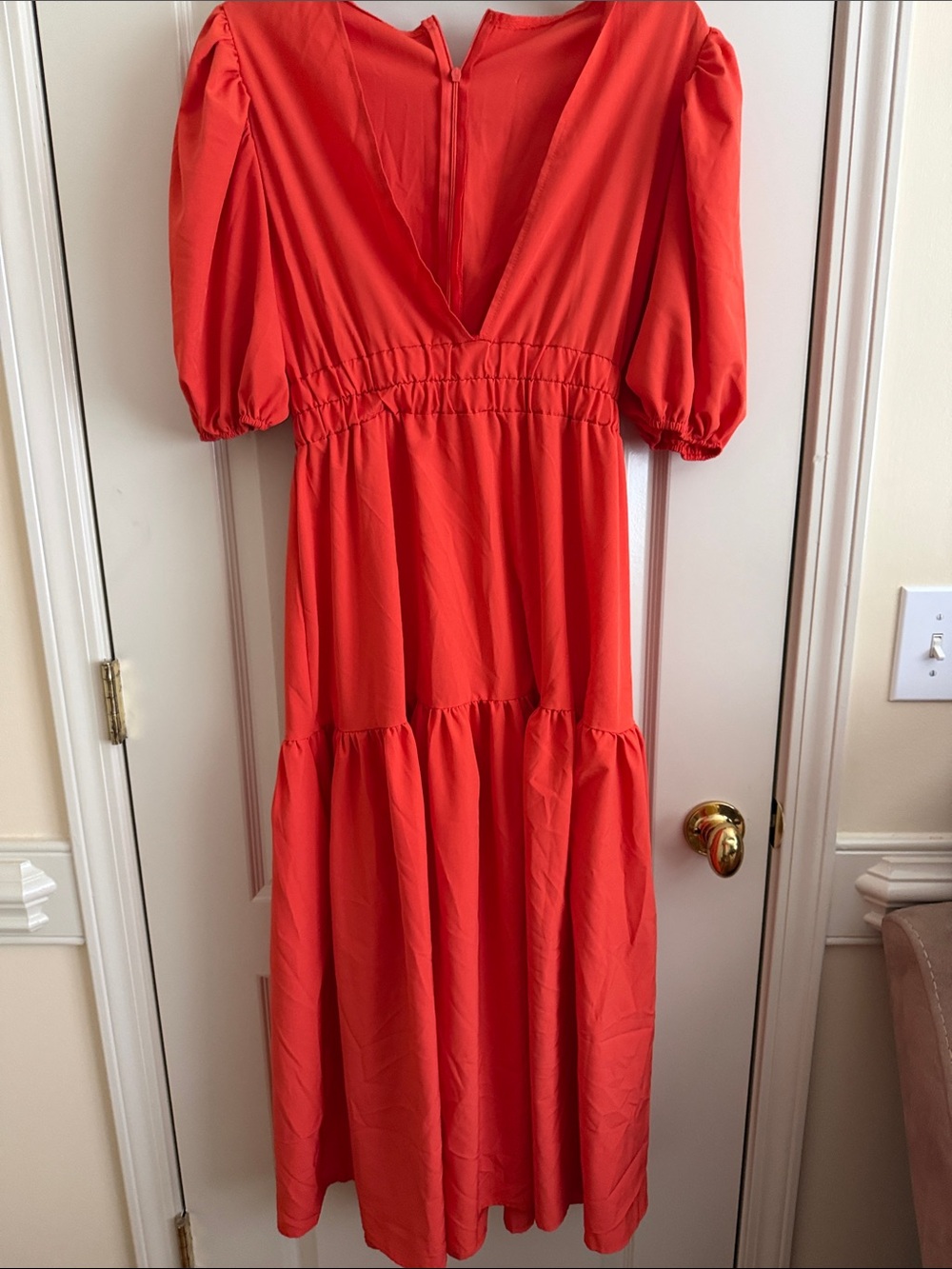 Red Puff-Sleeve V-Neck Midi Dress